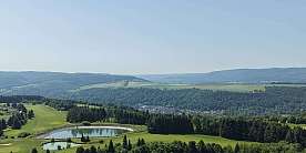 Eine Golferin kniet und hält einen Golfball auf dem Grün.