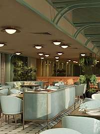 Modernes Restaurant mit Pflanzen und stilvollen Möbeln.