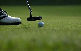 Golfball und Putter auf dem Grün Nahaufnahme eines Golfballs und Putters auf dem Golfplatz.