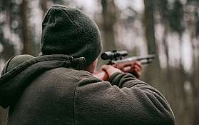 Person mit Gewehr im Wald Eine Person zielt mit einem Gewehr in einem Waldgebiet.